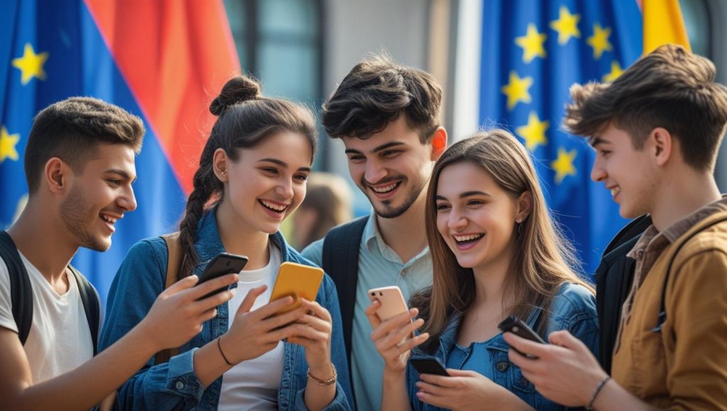 The image portrays a group of happy young people using their mobile telephones thanks to "Roaming like at home" EU legislation.