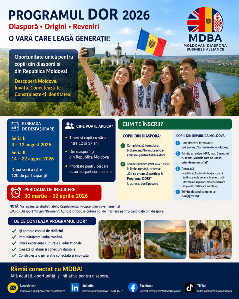 Promotional poster for Programul DOR 2026 featuring Moldovan youth in traditional dress taking a selfie with a Moldovan flag in a scenic landscape. The design includes the MDBA logo, programme dates in August 2026, eligibility criteria for children aged 12 to 17, and step-by-step application instructions for participants from diaspora and Moldova. The poster highlights cultural connection, identity, and youth engagement.