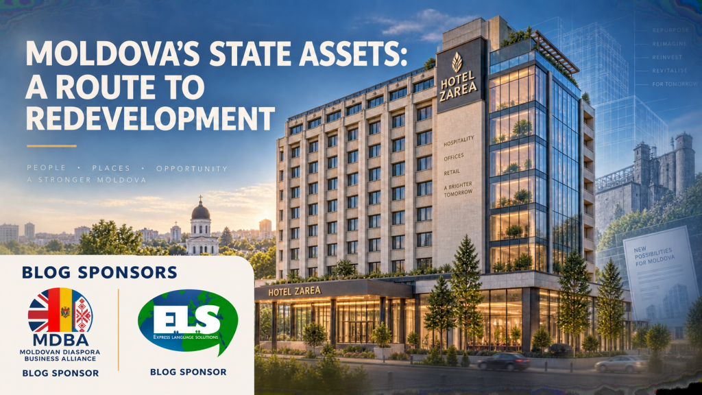 Blog banner showing a redevelopment concept for Hotel Zarea in Chișinău, Moldova, with architectural plans and a modernised hotel design. The headline reads “Moldova’s State Assets: A Route to Redevelopment”. MDBA and Express Language Solutions appear as blog sponsors.