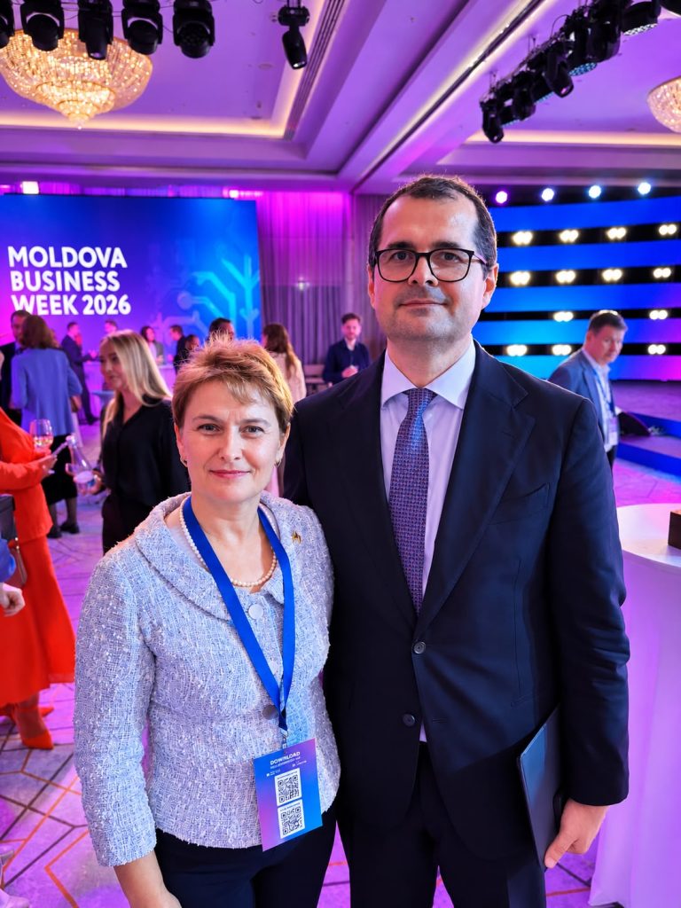 Dina Railean, Honorary Consul of the Republic of Moldova in Manchester with Vasile Tofan, Prime-Minister of the Republic of Moldova at Moldova Business Week 2026.
